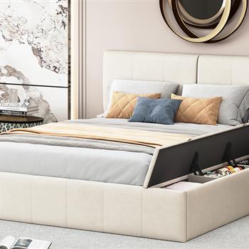 Queen Size Upholstered Platform Bed with Lateral Storage Compartments and Thick Fabric, Velvet, Beige