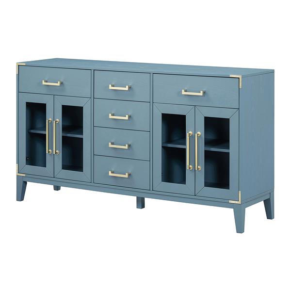 6-drawer and 2-Cabinet Retro Sideboard with Extra Large Storage Space, with ld Handles and Solid Wood Legs, for Kitchen and Living Room (Antique Blue)