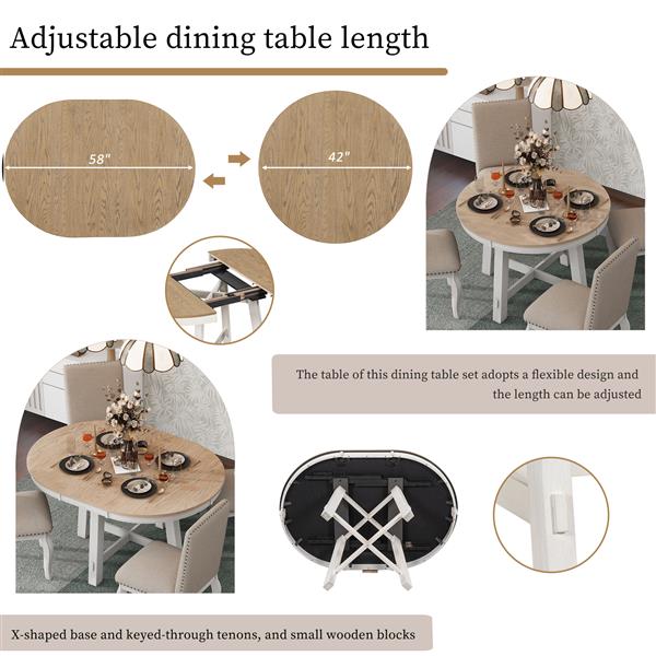 5-Piece Farmhouse Dining Table Set Wood Round Extendable Dining Table and 4 Upholstered Dining Chairs (Oak Natural Wood + Antique White)