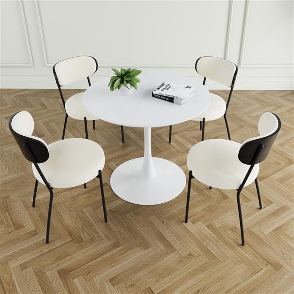 Modern grey simple teddy velvet dining chair Upholstered chair Family bedroom stool back dressing, white round table set,Bentwood covered with ash veneer Chair back,chair black metal legs (set of 5)