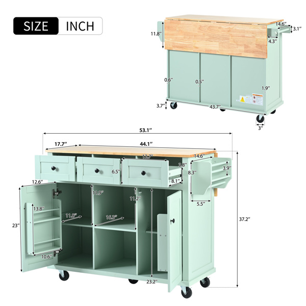 Kitchen Cart with Rubber wood Drop-Leaf Countertop ,Cabinet door internal storage racks,Kitchen Island on 5 Wheels with Storage Cabinet and 3 Drawers for Dinning Room, Mint Green 