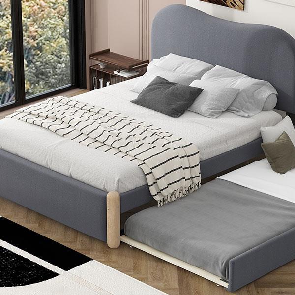 Full Size Upholstered Platform Bed with Wood Supporting Feet and Twin Size Trundle, Gray