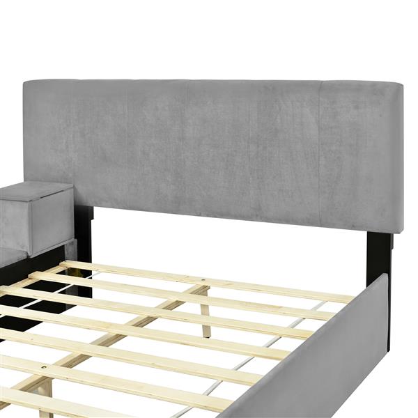 Full Size Upholstered Platform Bed with Lateral Storage Compartments and Thick Fabric, Velvet, Gray