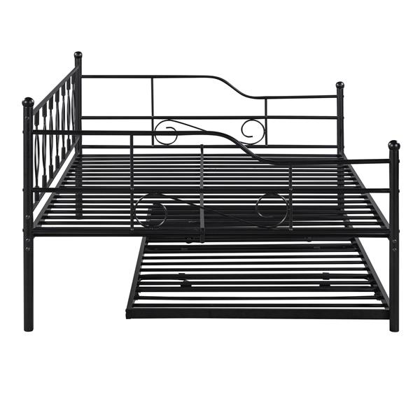 Full Size Metal Daybed with Twin Size Adjustable Trundle, Portable Folding Trundle, Black