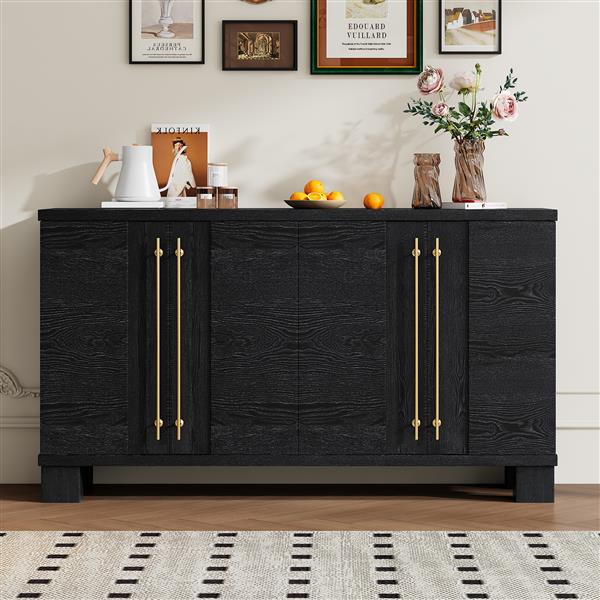 Wood Traditional Style Sideboard with Adjustable Shelves and Gold Handles for Kitchen, Dining Room and Living Room (Black)