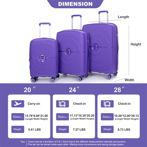 Expandable Hardshell Suitcase Double Spinner Wheels PP Luggage Sets Lightweight Durable Suitcase with TSA Lock,3-Piece Set (20/24/28) , Purple