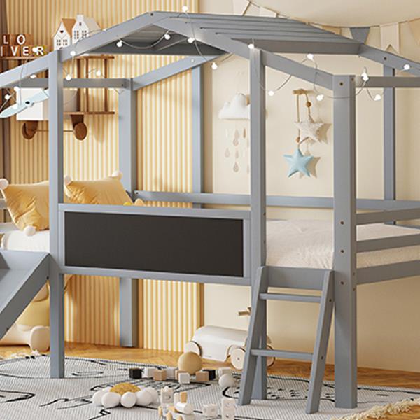 Twin Size Loft Bed with Ladder and Slide, House Bed with Blackboard and Light Strip on the Roof, Gray