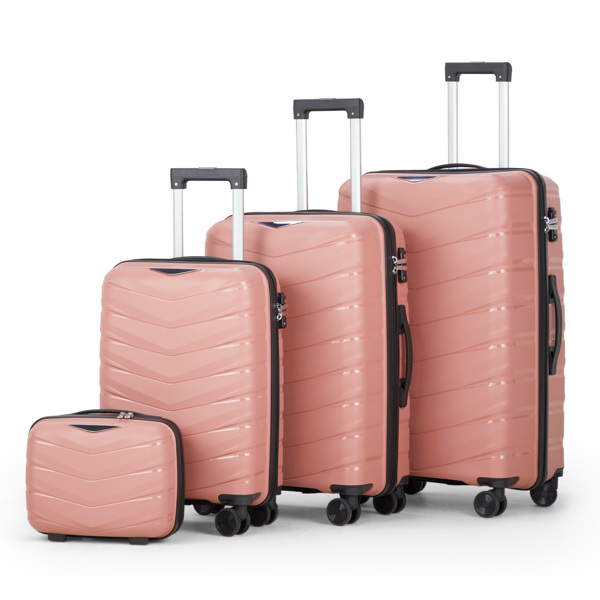 FCH V-shaped stripes 4-piece suitcase with PP handbag PP trolley case 14in 20in 24in 28in PP iron trolley fashionable color - rose gold (grain pattern)