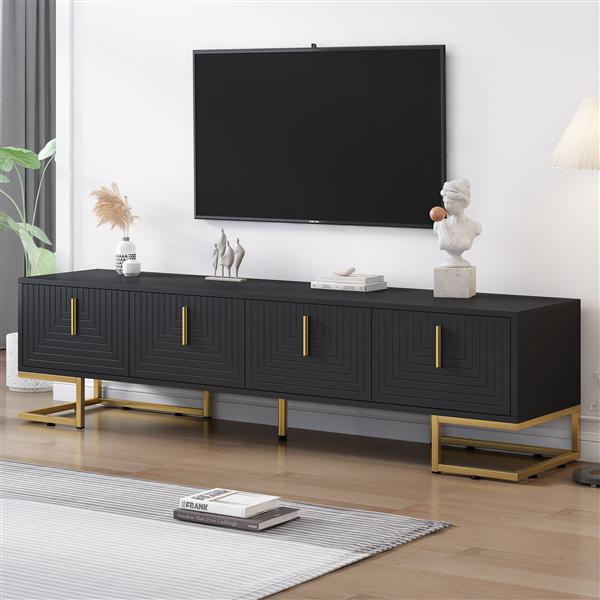 Modern TV Stand with Metal Legs and Gold Handles for TVs Up to 80'', Media Console Table with Cabinets and Adjustable Shelves, Luxury TV Cabinet with Geometric Lines for Living Room, Black