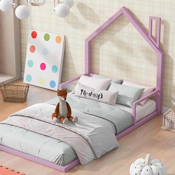 Twin Size Metal Floor Bed with House-shaped Headboard, Pink