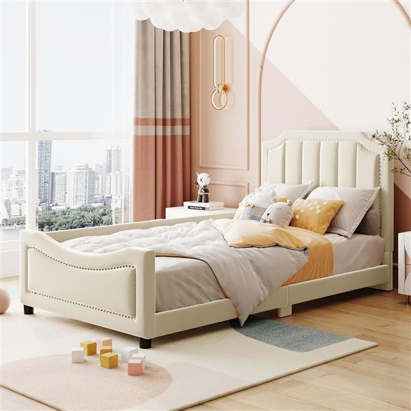 Twin Size Upholstered Daybed with Classic Stripe Shaped  Headboard, Beige