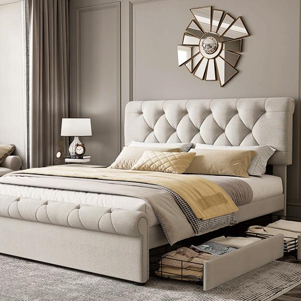 Queen size Upholstered Platform bed with Four Drawers, Antique Curved Headboard, Linen Fabric, Beige (without mattress)