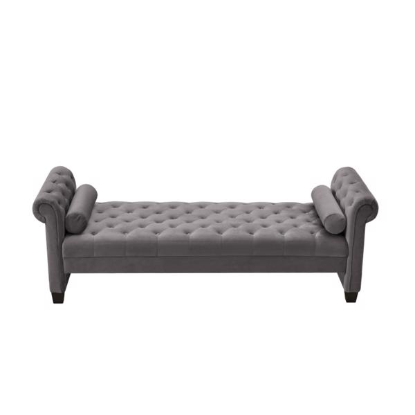 Dark Grey, Solid Wood Legs Velvet Rectangular Sofa Bench with Attached Cylindrical Pillows