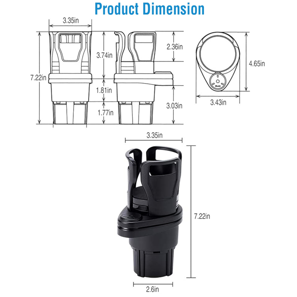 Dual Cup Holder Expander for Car, 2 in 1 Multifunctional Car Cup Holder Extender with Adjustable Base All Purpose for 360° rotatable base of the upper cup holder with Most Cars