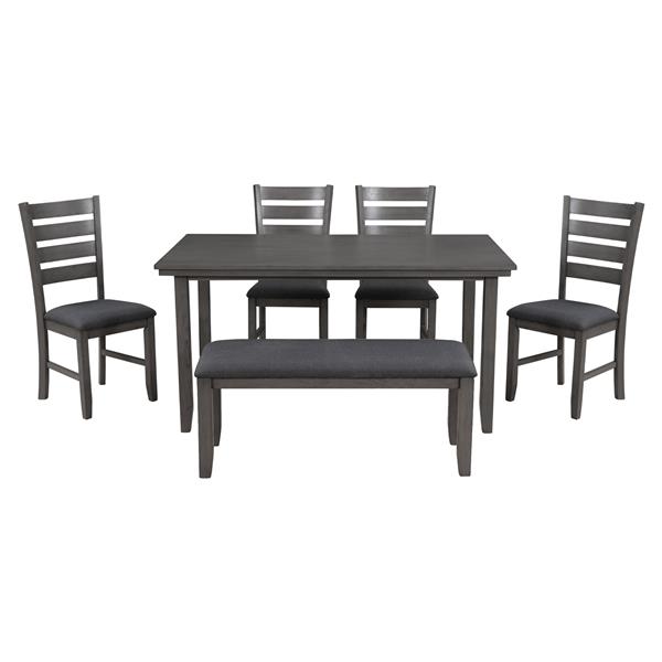 Dining Room Table and Chairs with Bench, Rustic Wood Dining Set, Set of 6 (Gray)