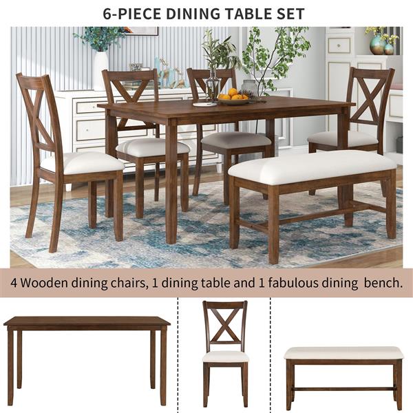 6-Piece Kitchen Dining Table Set Wooden Rectangular Dining Table, 4 Fabric Chairs and Bench Family Furniture (Natural Cherry)