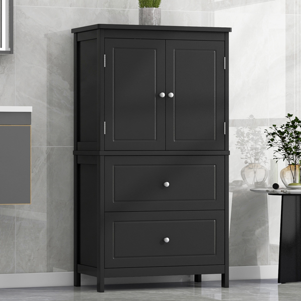 Bathroom Storage Cabinet, Cabinet with Two Doors and Drawers, Adjustable Shelf, MDF Board, Black 