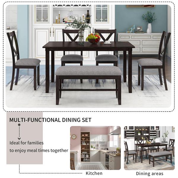 6-Piece Kitchen Dining Table Set Wooden Rectangular Dining Table, 4 Fabric Chairs and Bench Family Furniture (Espresso)