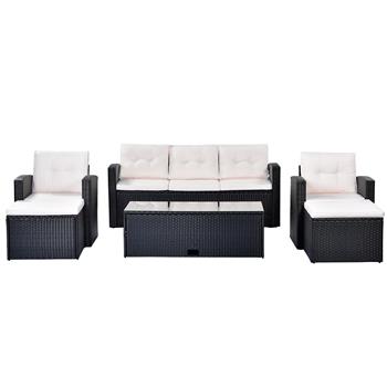 6-piece All-Weather Wicker PE rattan Patio Outdoor Dining Conversation Sectional Set with coffee table, wicker sofas, ottomans, removable cushions (Black wicker, Beige cushion)