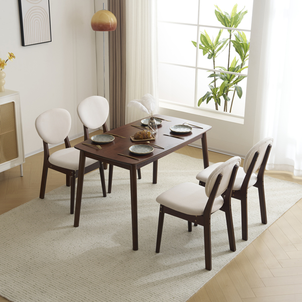 Rubber wood soft bag deep walnut dining table and chair set 1 table 4 chairs beige cushion rectangular