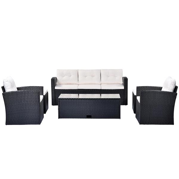 6-piece All-Weather Wicker PE rattan Patio Outdoor Dining Conversation Sectional Set with coffee table, wicker sofas, ottomans, removable cushions (Black wicker, Beige cushion)