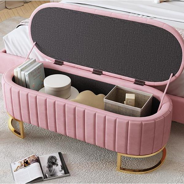 Elegant Upholstered Velvet Storage Ottoman with Button-Tufted,Storage Bench with Metal Legs for Bedroom,Living Room,Fully Assembled Except Legs,Pink