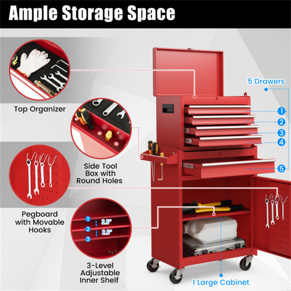 Rolling Tool Chest with 5 Sliding Lockable Drawers