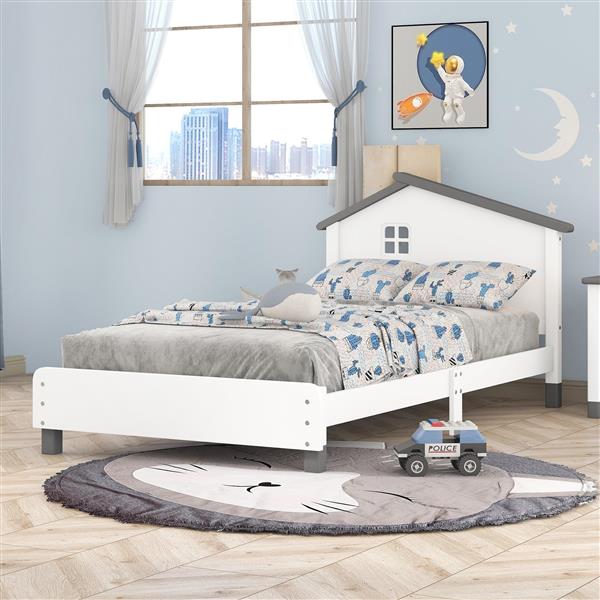 Twin Size Wood Platform Bed with House-shaped Headboard  (White+Gray)