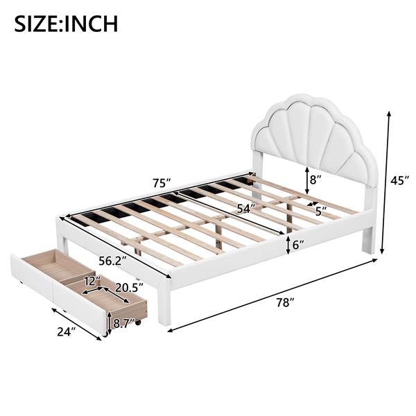 Full Size Upholstered Platform Bed with Seashell Shaped Headboard, LED and 2 Drawers, White