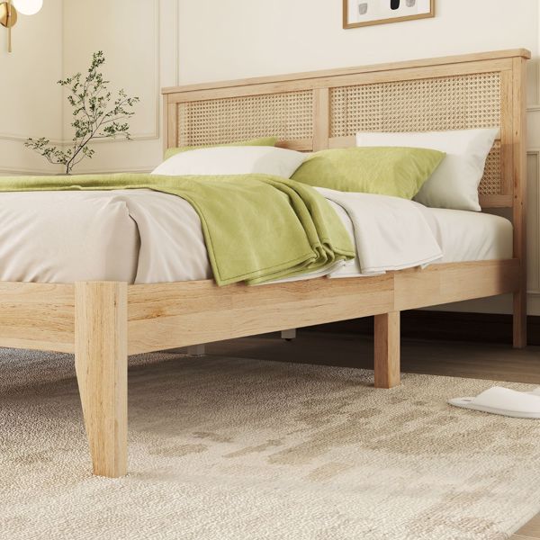 Queen Size Rubber Wooden, Solid Wooden Bed with Rattan Headboard, Enhanced by Support Feet 