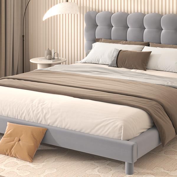 Queen Size Upholstered Platform Bed with Soft Headboard,Gray