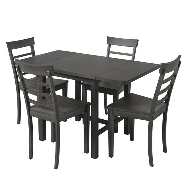 5-Piece Wood Square Drop Leaf Breakfast Nook Extendable Dining Table Set with 4 Ladder Back Chairs for Small Places, Gray