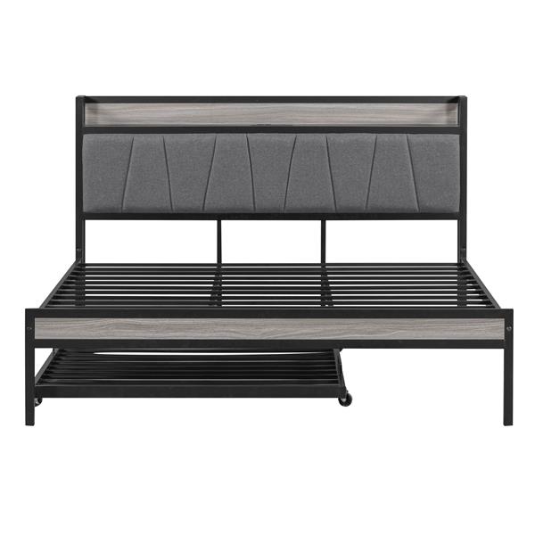 Queen Size Metal Platform Bed Frame with Twin size trundle, Upholstered headboard, Sockets, USB Ports and Slat Support, No Box Spring Needed, Black