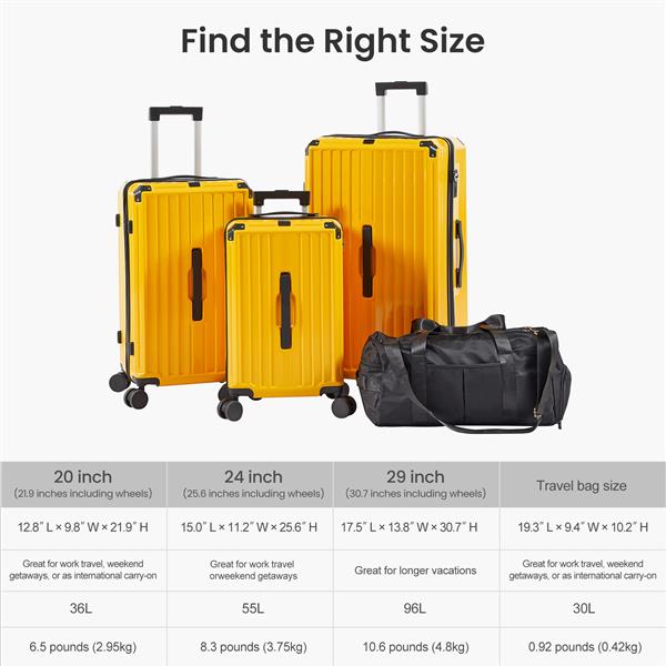 Luggage Set 4 pcs (20"/24"/29"/Travel Bag), PC+ABS Durable Lightweight Luggage with Collapsible Cup Holder, 360° Silent Spinner Wheels, TSA Lock, Yellow