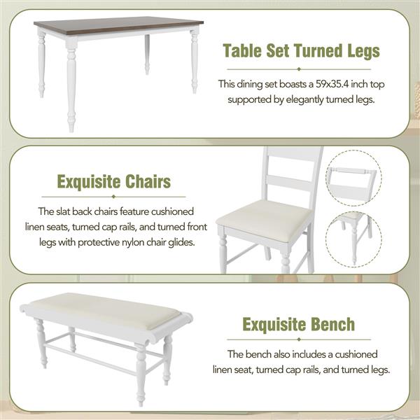 6-peice Dining Set with Turned Legs, Kitchen Table Set with Upholstered Dining Chairs and Bench,Retro Style, White