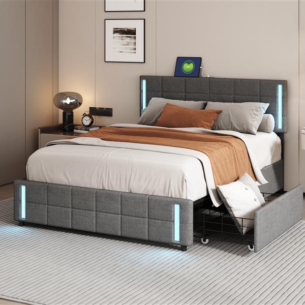 Queen Size Upholstered Platform Bed with LED Lights and USB Charging, Storage Bed with 4 Drawers, Gray(Linen)