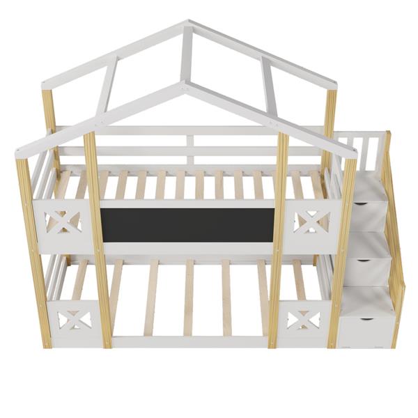 Twin over Twin House Bunk Bed with White Storage Staircase and Blackboards, White