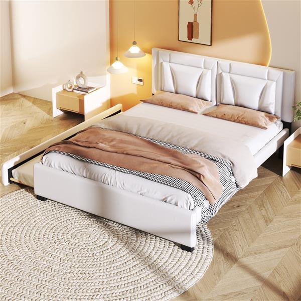 Queen Size Upholstered Platform Bed with Headboard and Twin Size Trundle, White