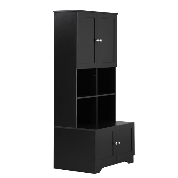 Tall and Wide Bathroom Floor Storage Cabinet, Bathroom Storage Unit, Freestanding Cabinet with 4 Doors, Adjustable Shelves, Open multi-layer Shelves, Black 