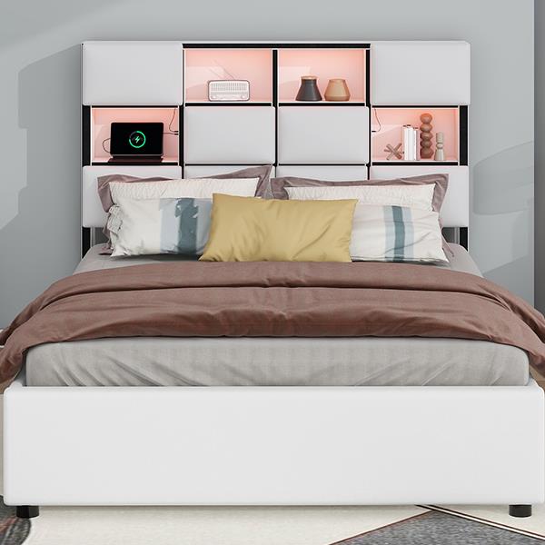 Full Size Upholstered Platform Bed with LED, Storage and USB, Beige