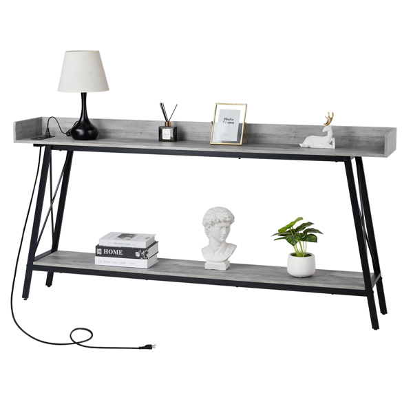 70.9 inch Extra Long Console Table with 2 Power Outlets & USB Ports, Rustic Industrial Sofa Table Behind Couch for Living Room, Narrow Entryway Hallway Long Bar Table, Gray