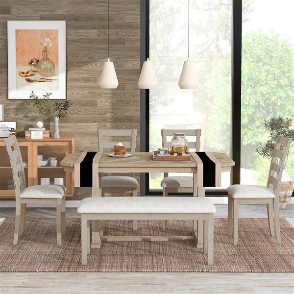 6-Piece Rubber Wood Dining Table Set with Beautiful Wood Grain Pattern Tabletop Solid Wood Veneer and Soft Cushion (Natural Wood Wash)