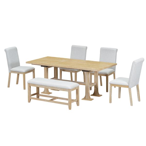 Farmhouse 76inch 6-Piece Extendable Dining Table Set Trestle Kitchen Table Set with 18inch Removable Leaf and Upholstered Dining Chair and Bench for Dining Room, Natural