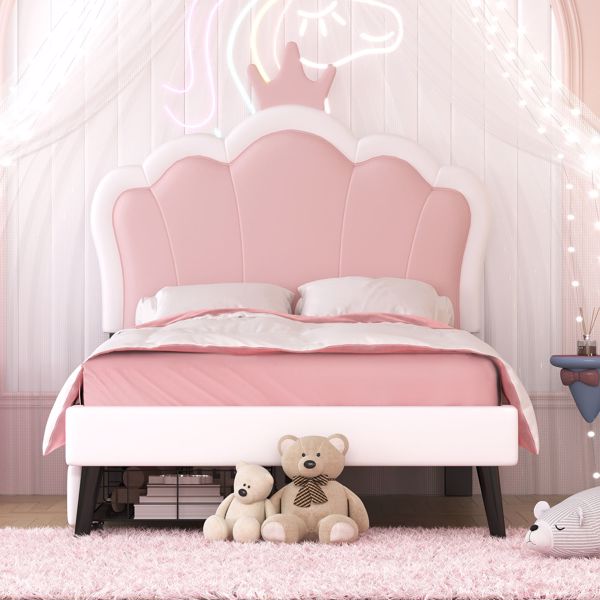 Twin Size Upholstered Princess Bed With Crown Headboard and 2 Drawers,Twin Size Platform Bed with Headboard and Footboard, Pink+White 