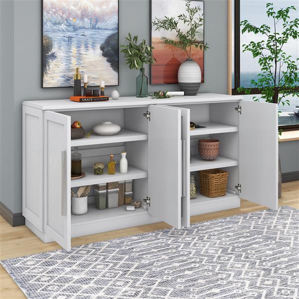 Sideboard with 4 Doors Large Storage Space Buffet Cabinet with Adjustable Shelves and Silver Handles for Kitchen, Dining Room, Living Room (White)