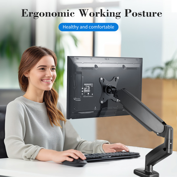 The monitor arm is adjustable for desktop mount and fits 15-27 inch monitors with weight capacities up to 15.4 pounds, black 