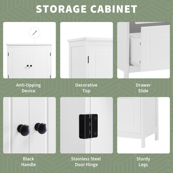 Bathroom Storage Cabinet, Cabinet with Two Doors and Drawers, Adjustable Shelf, MDF Board, White 