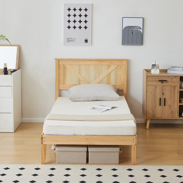 Twin Size Solid Wood Platform Bed Frame with Headboard Natural