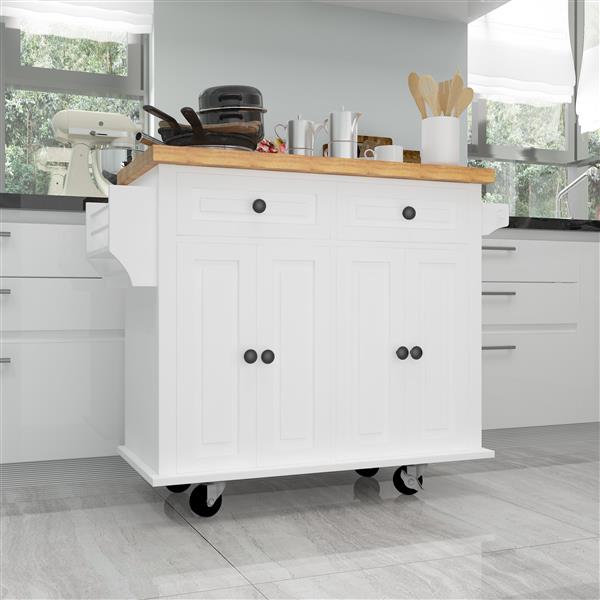 Kitchen Island Cart with Two Storage Cabinets and Two Locking Wheels,43.31 Inch Width,4 Door Cabinet and Two Drawers,Spice Rack, Towel Rack(White)