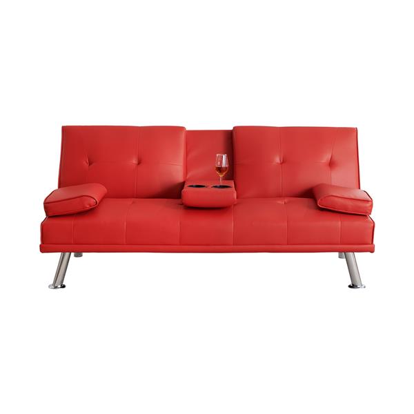 67" Red Leather Multifunctional Double Folding Sofa Bed for Office with Coffee Table